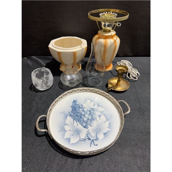Decorative Lot: Ceramic Pieces, Brass Candle Holder, Glassware, and Serving Tray