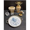 Image 1 : Decorative Lot: Ceramic Pieces, Brass Candle Holder, Glassware, and Serving Tray