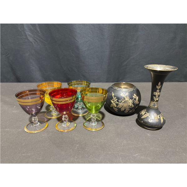 5 Coloured Glass Stemware And 2 Metal Vases With Floral Designs