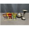 Image 1 : 5 Coloured Glass Stemware And 2 Metal Vases With Floral Designs