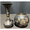 Image 2 : 5 Coloured Glass Stemware And 2 Metal Vases With Floral Designs