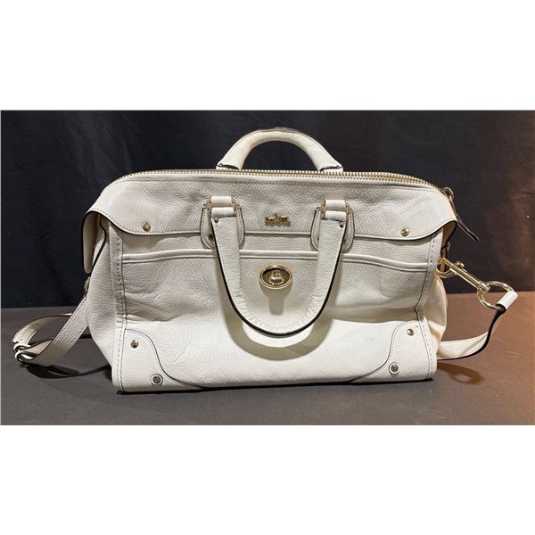White Faux Coach Style Leather Handbag with Gold Tone Hardware