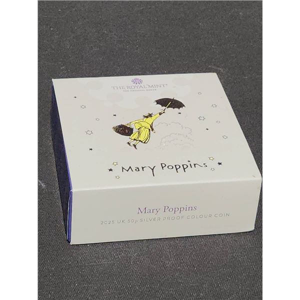 2025 UK 50p Silver Proof Mary Poppins Colour Coin, Royal Mint COA, Box