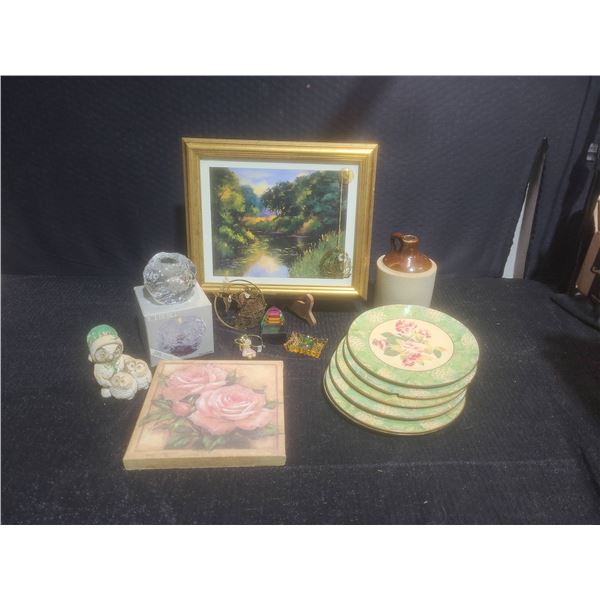 Decorative Home Decor Lot With Artwork, Plates, Figurines, and Crystal Accents