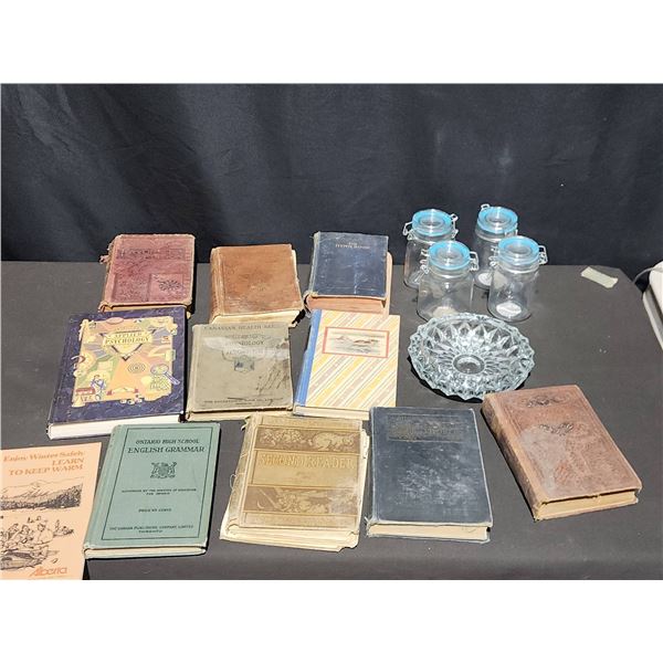 Vintage Books, Glass Storage Jars, and Cut Glass Bowl