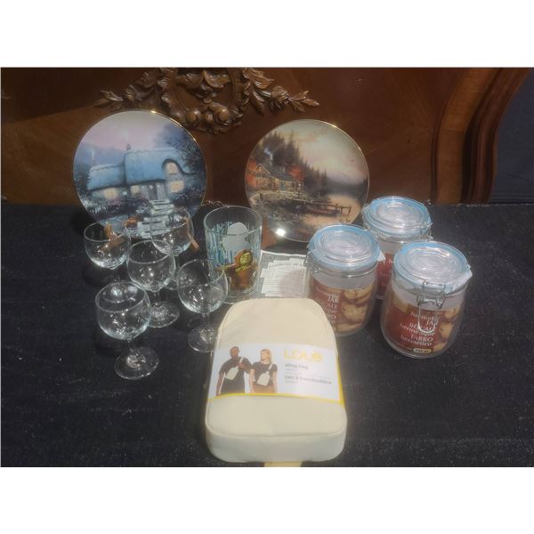 Lot: Thomas Kinkade Plates, Lolë Sling Bag, Drinkware, and Storage Jars