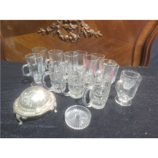 14 Assorted Mini Glass Mugs & Tumblers, Silver Plate Butter Dish