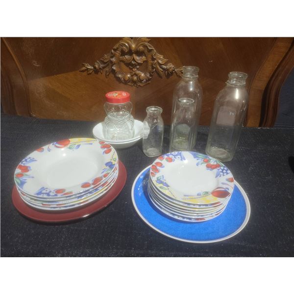 Corelle and Imperial Table Dinnerware, Glass Bottles and Bear Jar Assortment
