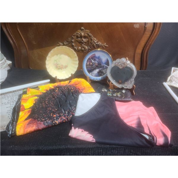 Decorative Collectibles and Jewelry Lot With Wall Art, Plates, Heart Glass Frame, Apparel