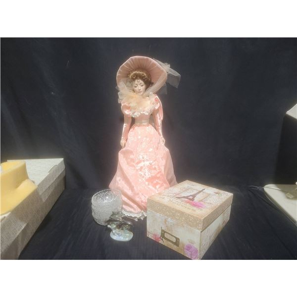 Franklin Heirloom Doll, Glass Bowls, Porcelain Dolphin Figurine, Keepsake Box