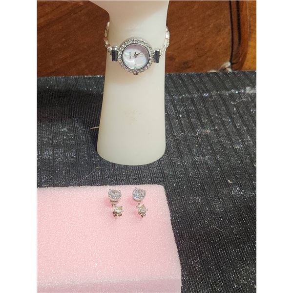 Sterling Silver 925 Cubic Zirconia Stud Earrings and Rhinestone Quartz Watch Set