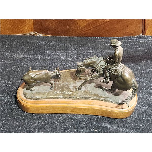 Jim Reno Bronze Western Cowboy and Calf Sculpture