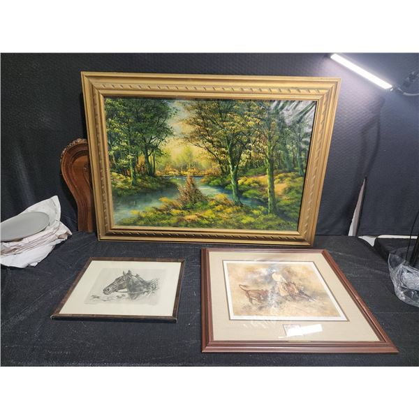 Three Framed Artworks: Landscape Oil, 1983 Cowboy Print, Horse Etching, Various Sizes