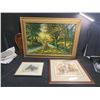 Image 1 : Three Framed Artworks: Landscape Oil, 1983 Cowboy Print, Horse Etching, Various Sizes