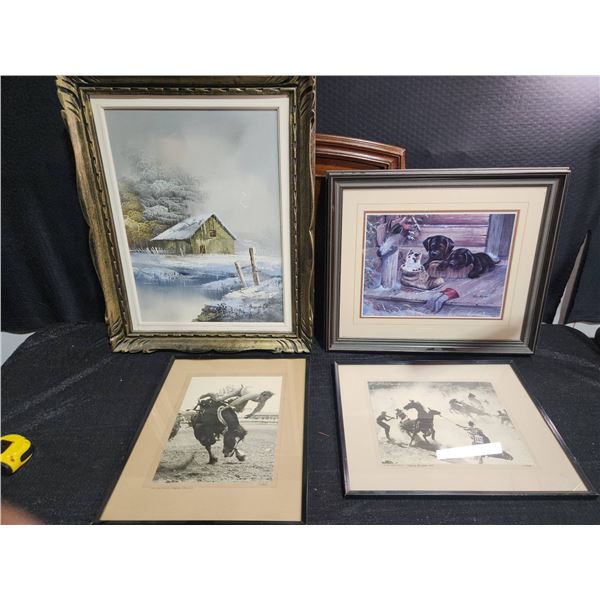 4 Framed Artworks: Signed Winter Barn, Dogs & Cat, 1952 Calgary Rodeo