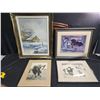 Image 1 : 4 Framed Artworks: Signed Winter Barn, Dogs & Cat, 1952 Calgary Rodeo