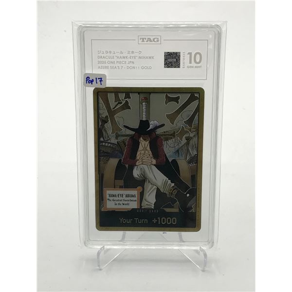 2025 ONE PIECE JPN DRACULE "HAWK-EYE" MIHAWK GOLD TRADING CARD - TAG GRADE 10