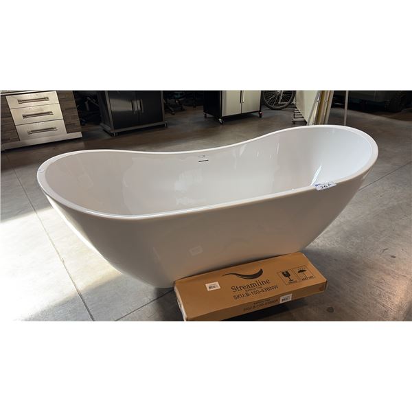 STREAMLINE FREESTANDING SOAKING BATHTUB, GLOSSY WHITE ACRYLIC, INTEGRATED OVERFLOW