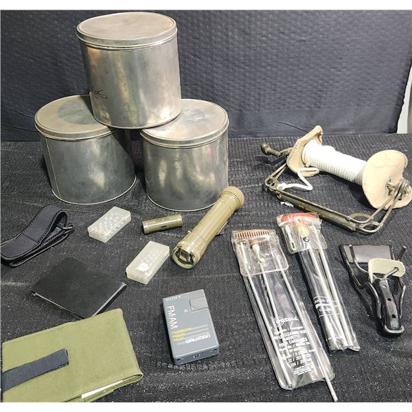 Military Field Equipment Including Tins, Camouflage Stick, Cleaning Rods