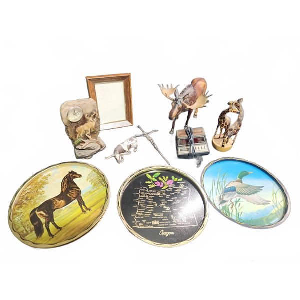 Decorative Animal Figurines, Trays, Clock, and Spartan Clock Radio