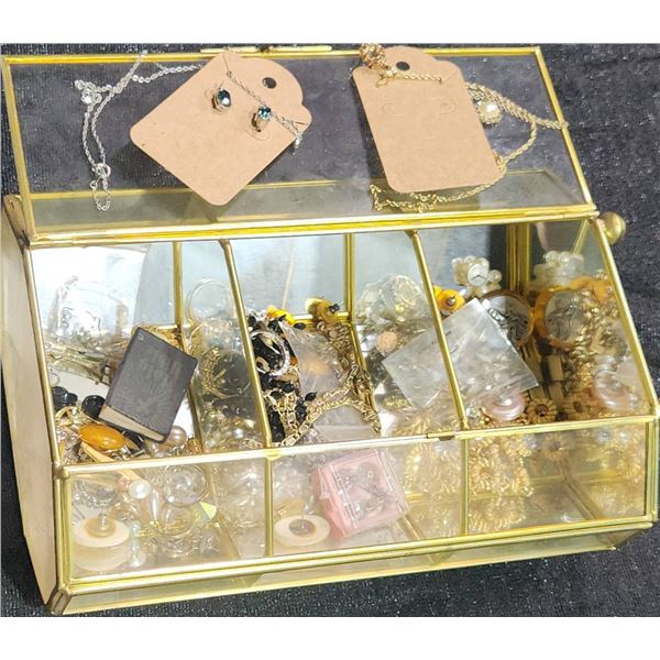 Large Mixed Lot of Costume Jewellery and Glass Display Case