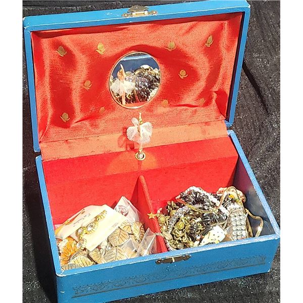 Blue Jewelry Box with Music Box Function and Assorted Costume Jewellery