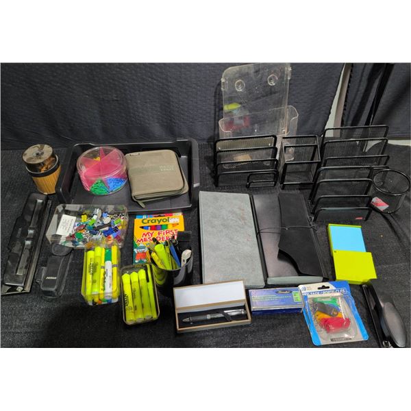 Office Supply Lot with Boxed Pen, Organizer Racks, and Assorted Stationery