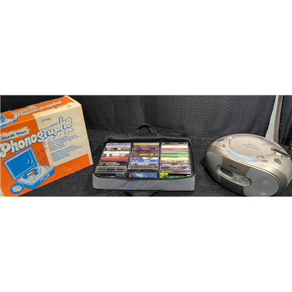 North Star Portable Phonographe, Philips CD/Cassette Player, Cassette Lot