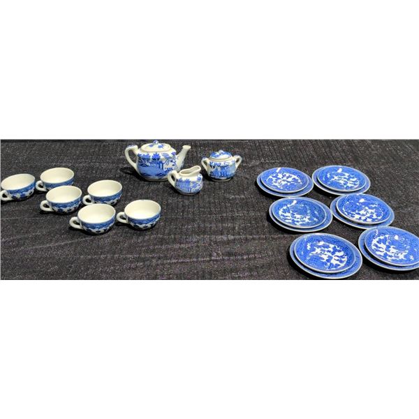 Blue and White Mini China Tea Set with Six Cups and Saucers
