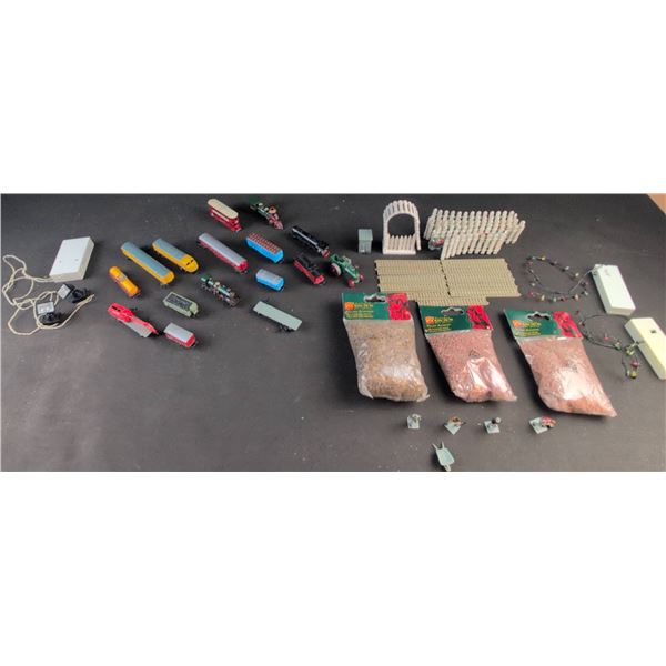 Model Train Accessories and Scenic Lot with Vehicles, Figures, and Scenery