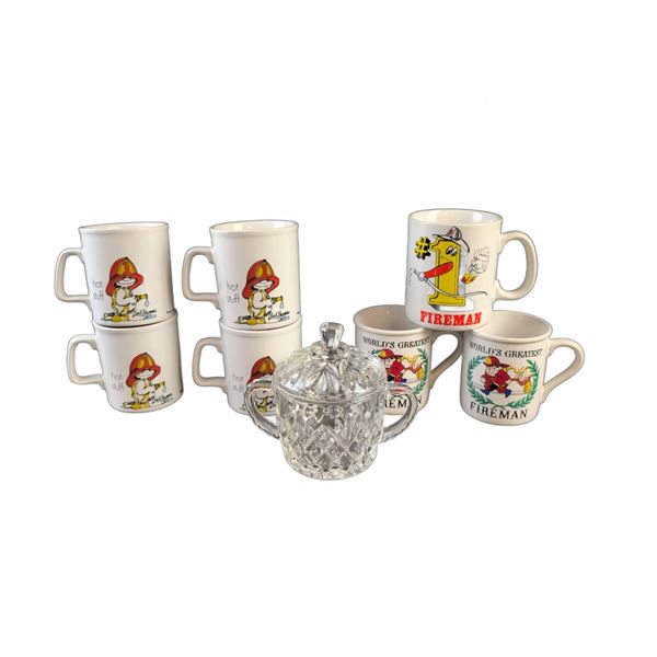 7 Fireman Mugs by Kiln Craft and Contenova with Glass Sugar Bowl
