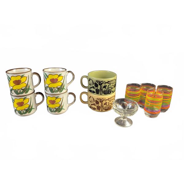 Japanese Ceramic Mugs, Coloured Glass Tumblers, and Glass Dessert Dish