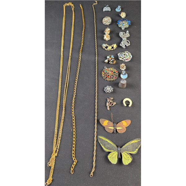 Costume Jewelry Lot With Chains, Brooches, Earrings, and Pins