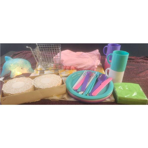 Pink Sears Bath Curtain, Dolphin Lamp, Assorted Household Items