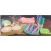 Image 1 : Pink Sears Bath Curtain, Dolphin Lamp, Assorted Household Items