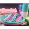 Image 3 : Pink Sears Bath Curtain, Dolphin Lamp, Assorted Household Items
