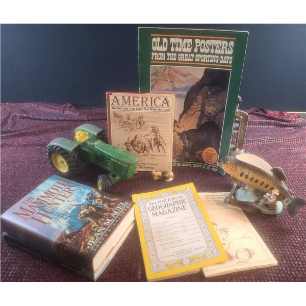 Lot Including John Deere 5020 Toy Tractor, Sporting Books, Ceramics