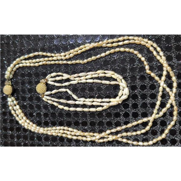 Three-Strand White Freshwater Pearl Necklace and Bracelet Set with Gold-Tone Clasps