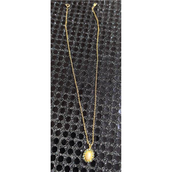 10K Gold Necklace With Faux Pearl and Blue Stone Halo Pendant