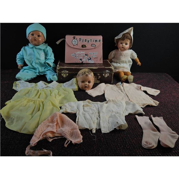 Composition Baby Dolls Lot with Clothing, Playtime Nurse Kit and Accessories