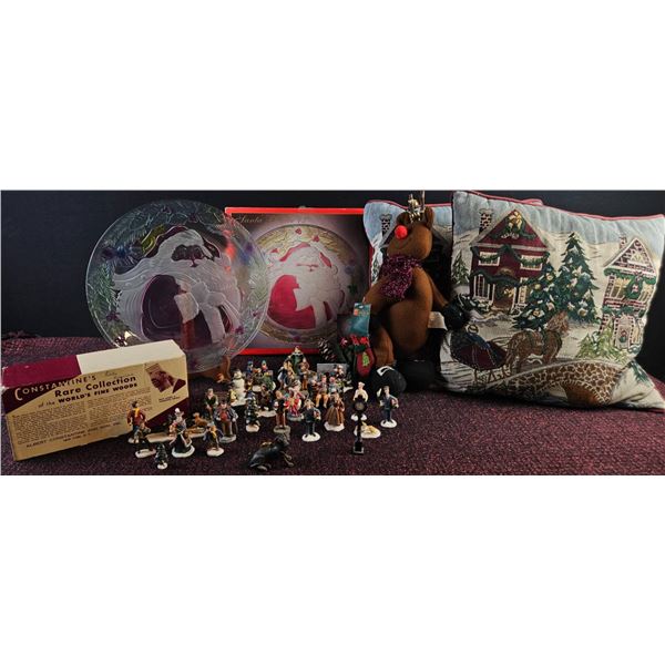Holiday Decor With Santa Glass Plate, Christmas Figurines, Etc.