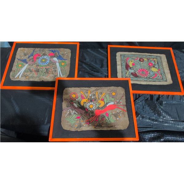 3 Framed Hand-Painted Mexican Amate Bark Artworks