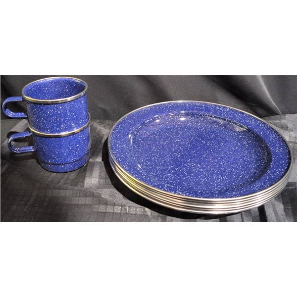 6 Blue Enamel Plates and 2 Matching Mugs