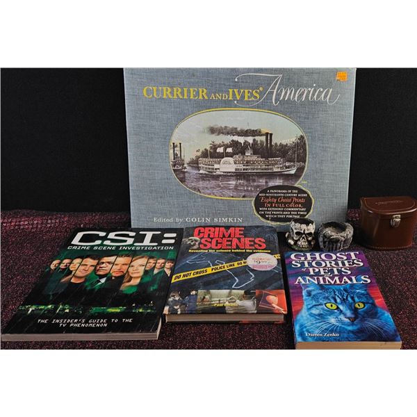 Lot: Books, Skull Decor, Skoparex Lens with Case and Paperwork