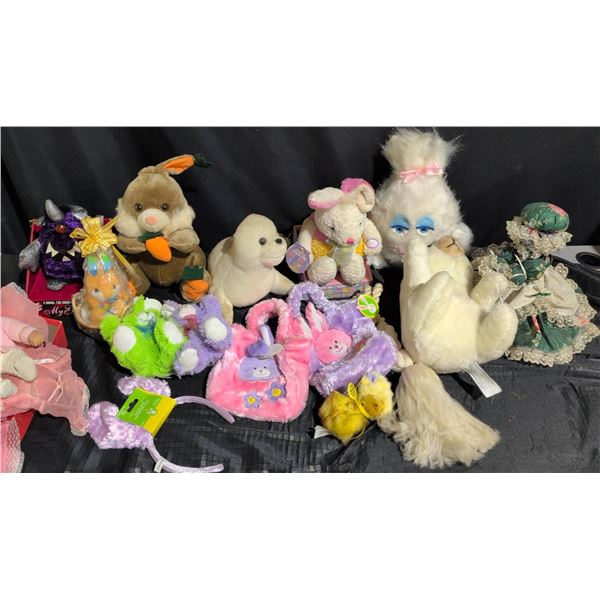 Plush Stuffed Animals, Baby Doll, and Assorted Doll Dresses