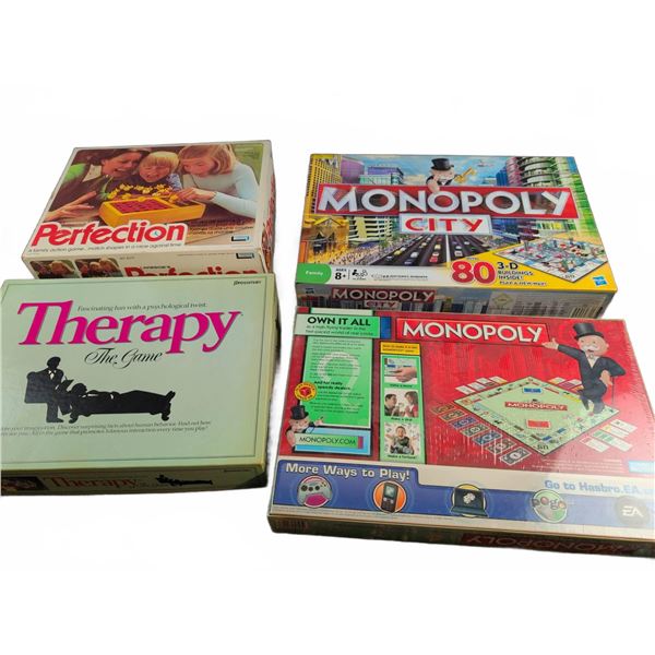 Board Game Lot: Monopoly City, Monopoly, Perfection, Therapy (4 Games)