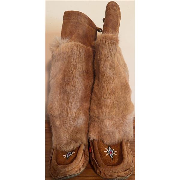 Rabbit Fur and Leather Moccasin Boots with Beaded Detail