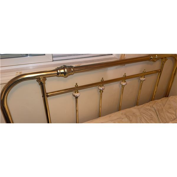 Brass Bed Frame with Porcelain Floral Accents and Mattress