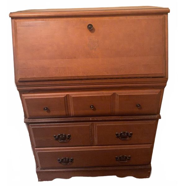 Wooden Secretary Desk with Drawers and Drop-Front Writing Surface