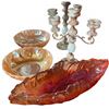 Image 1 : Stone and Brass Candlestick Holder with Carnival Glass Bowls